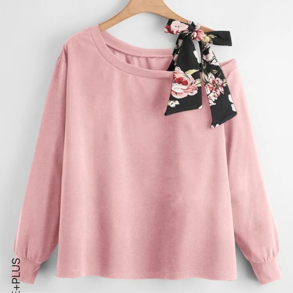 SHEIN Pink One-Shoulder Sweatshirt with Floral Bow
